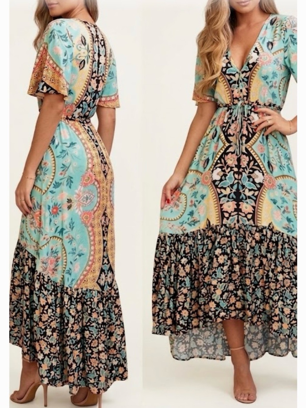 FARM Rio Aqua Paisley & Floral V-Neck  Dress. Size L.